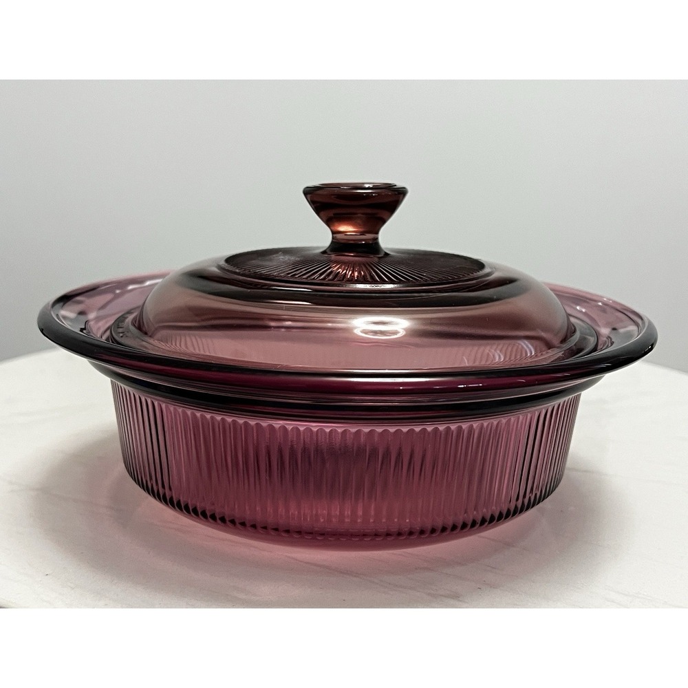Corning Pyrex Visions Cranberry Round 24oz Ribbed Casserole Dish V-30-B Lid